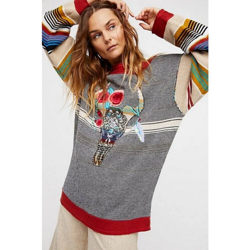 💕FREE PEOPLE💕 Desert Rose Sweater Embroidered Longhorn Colorblock Knit Medium